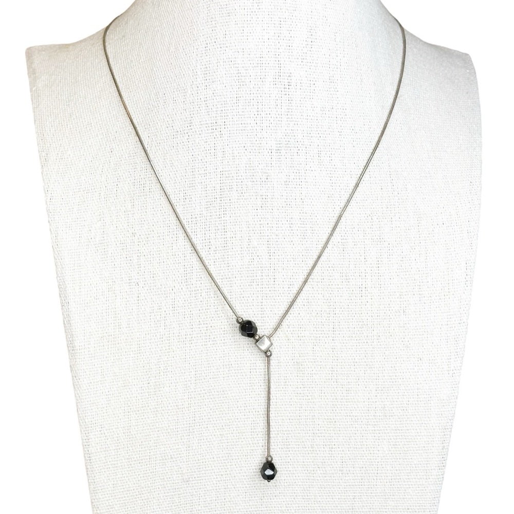 Vintage 925 Italy Sterling Silver Lariat Style Dark Blue Gemstone Necklace